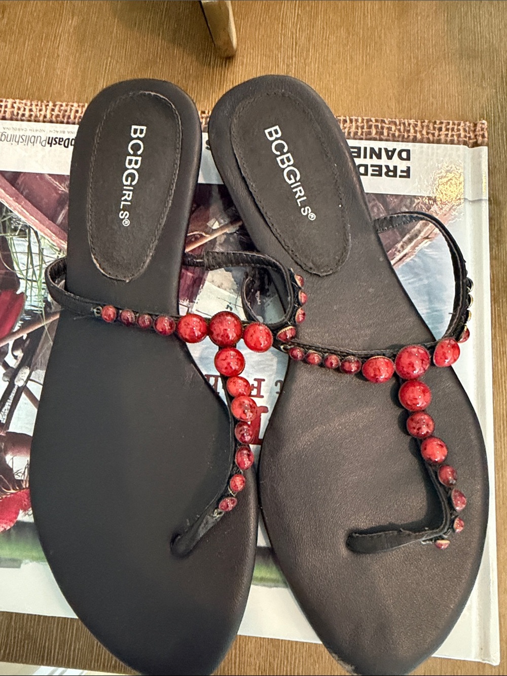 BCBGirls Black Thong Sandals with Red Bead Trim